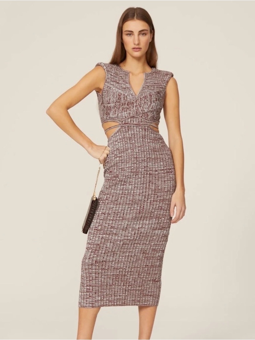 Self-Portrait Mauve Marled Knit Midi Dress With Cutout Waist